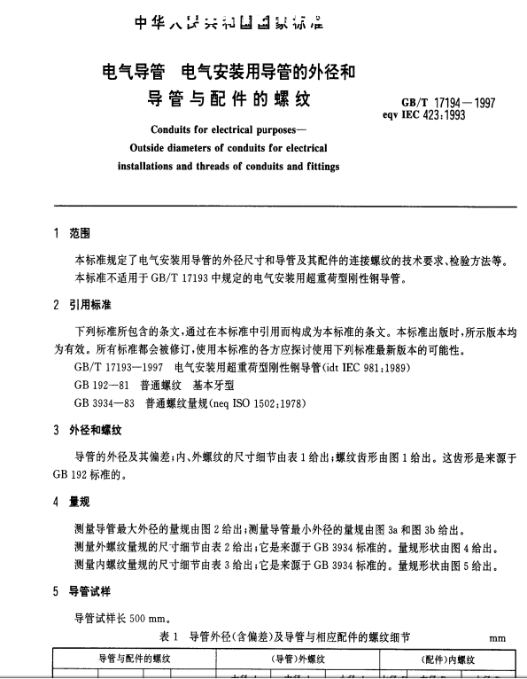 GB/T17194-1997標(biāo)準(zhǔn)-電氣導(dǎo)管 電氣安裝用導(dǎo)管的外徑和導(dǎo)管與配件的螺紋》